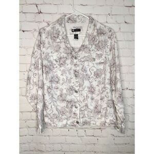NWOT Carole Little Women 100% Linen White Floral Jean Jacket Blazer Size Plus 1X
